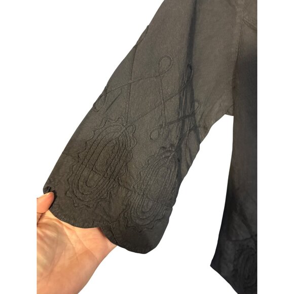 Soft Surroundings NWT Petite Small Embroidered Black Button-Up Blouse With Scall - Picture 2 of 7